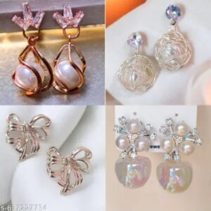combo of 4 pair earrings for girls and women gold plated pearl and stone studded alloy earring set 